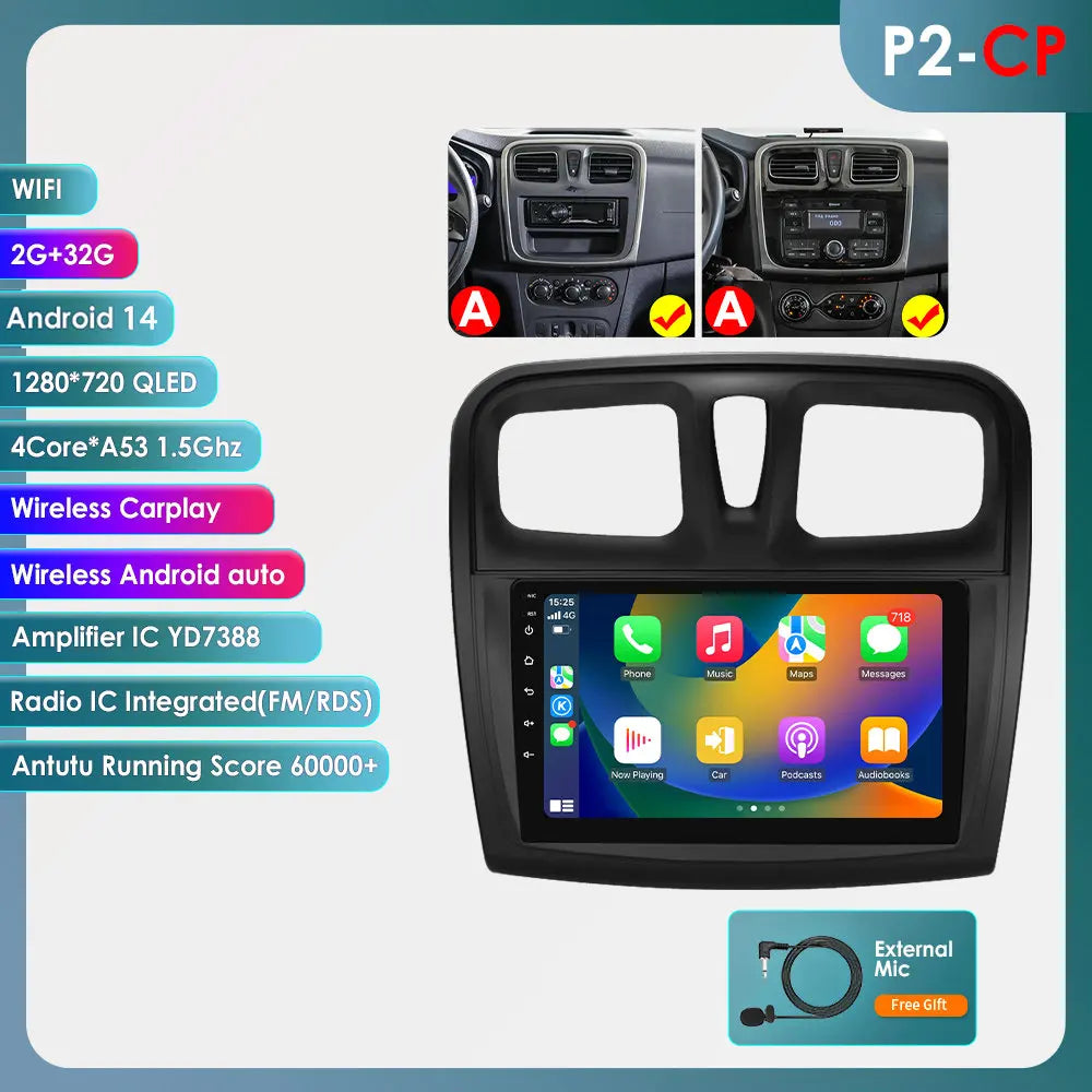 Dacia Logan 2 II Sandero 2 2012-2019 9" Android 14 Carplay Android auto wireless wifi bt gps 4g AUTMH2D9