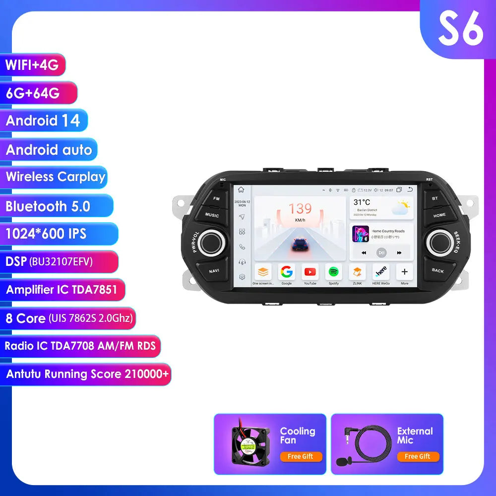 Fiat Tipo Egea 2015-2018 7" Android 14 Carplay Android auto wireless wifi bt gps 4g AUTMTBBV