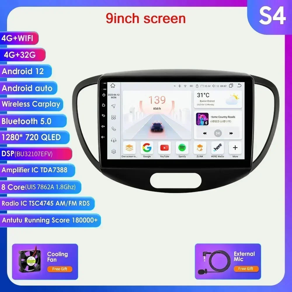 Hyundai I10 2007-2013 9"/10,33" Android 14 Carplay Android auto wireless wifi bt gps 4g AUTMMDSZ