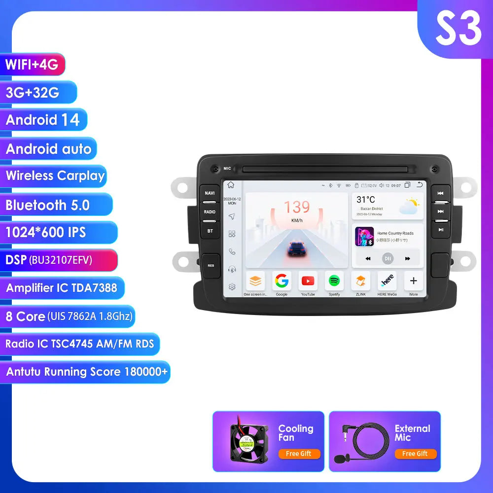 Dacia Logan Dokker Duster Sandero Lodgy Renault Captur 2011-2017 7" Android 14 Carplay Android auto wireless wifi bt gps 4g AUTMSQF6