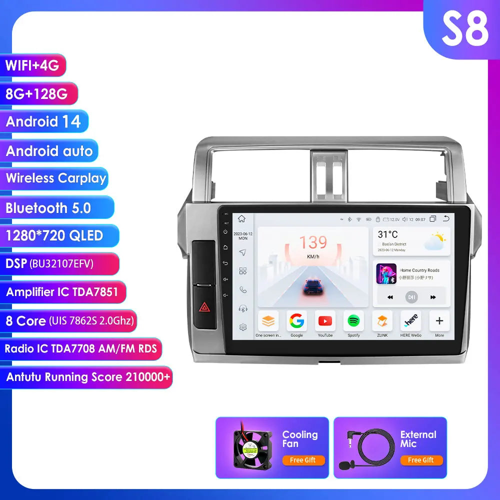 Toyota Land Cruiser Prado 150 2013 - 2017 9" Android 14 Carplay Android auto wireless wifi bt gps 4g AUTMPRCLLT