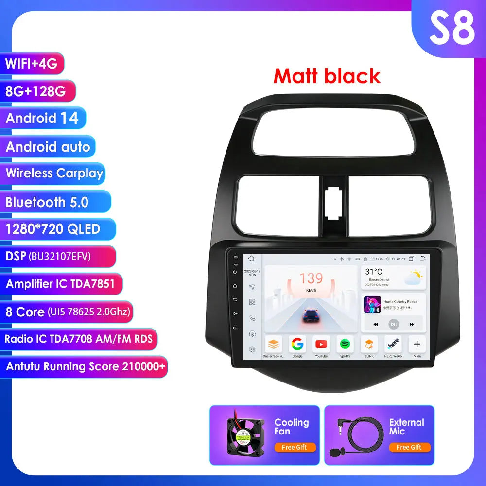 Chevrolet Spark Beat Matiz Creative 2010-2014 9" Android 14 Carplay Android auto wireless wifi bt gps 4g AUTMTPT1