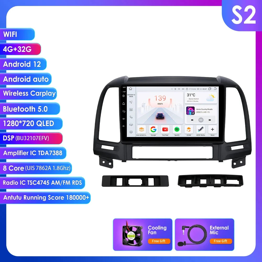 Hyundai Santa Fe 2 2006 - 2012 9" Android 14 Carplay Android auto wireless wifi bt gps 4g AUTMC8Y7