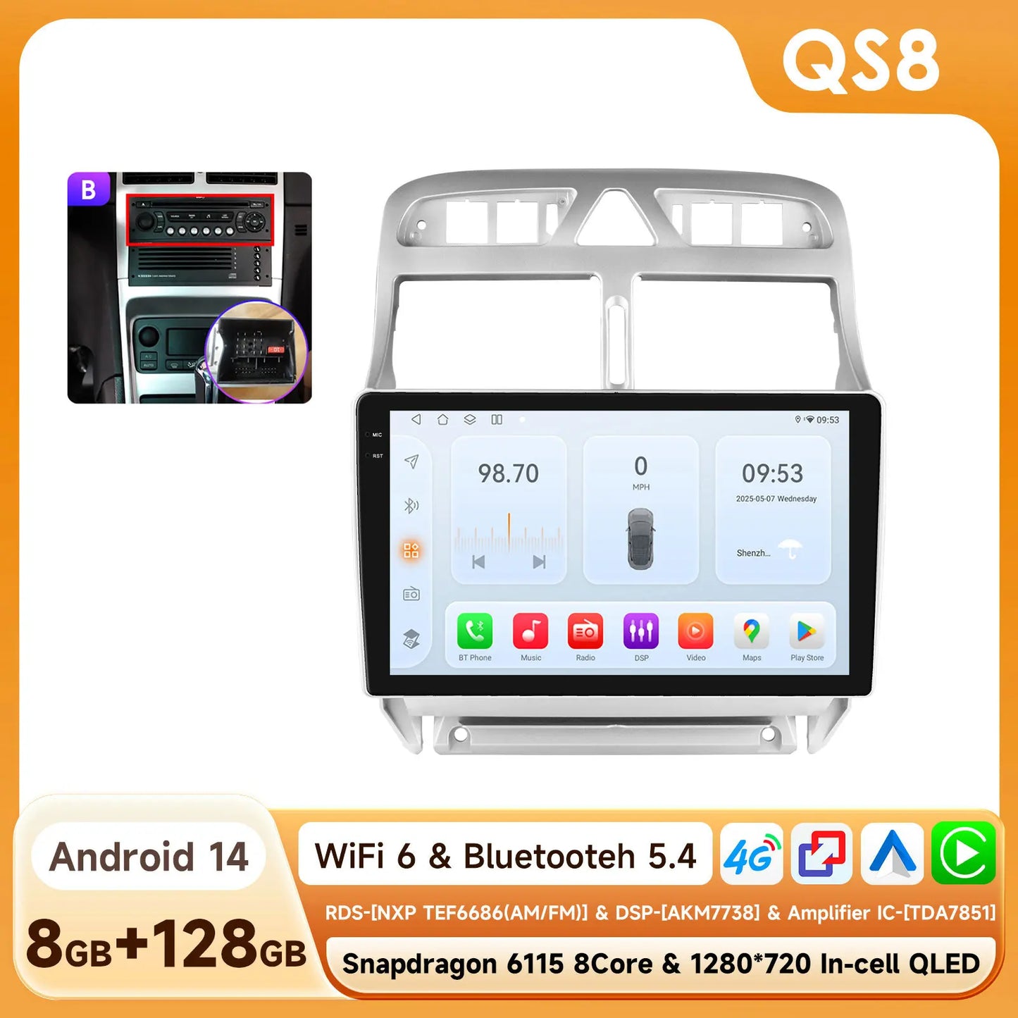 Peugeot 307 SW 307CC 307SW 2002 - 2013 9" Android 14 Carplay Android auto wireless wifi bt gps 4g AUTMRUTY
