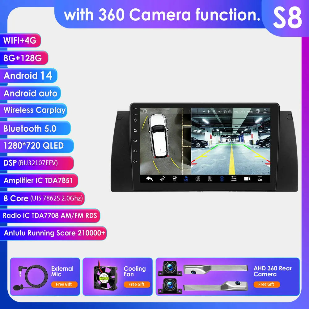 BMW 5 E39 E53 X5 1995-2006 9" Android 14 Carplay Android auto wireless wifi bt gps 4g AUTM4O3C