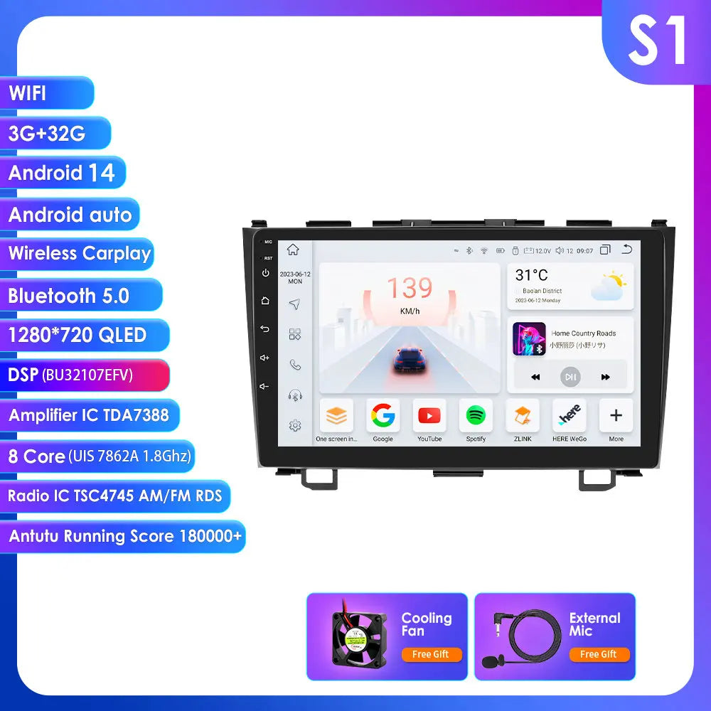 Honda CRV CR-V 2007-2011 9" Android 14 Carplay Android auto wireless wifi bt gps 4g AUTML773G