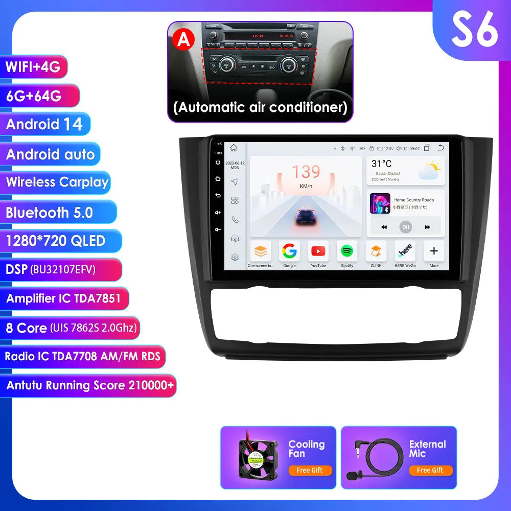 BMW 1 Series E81 E82 E87 E88 2004-2011 9" Android 14 Carplay Android auto wireless wifi bt gps 4g AUTM9KFA