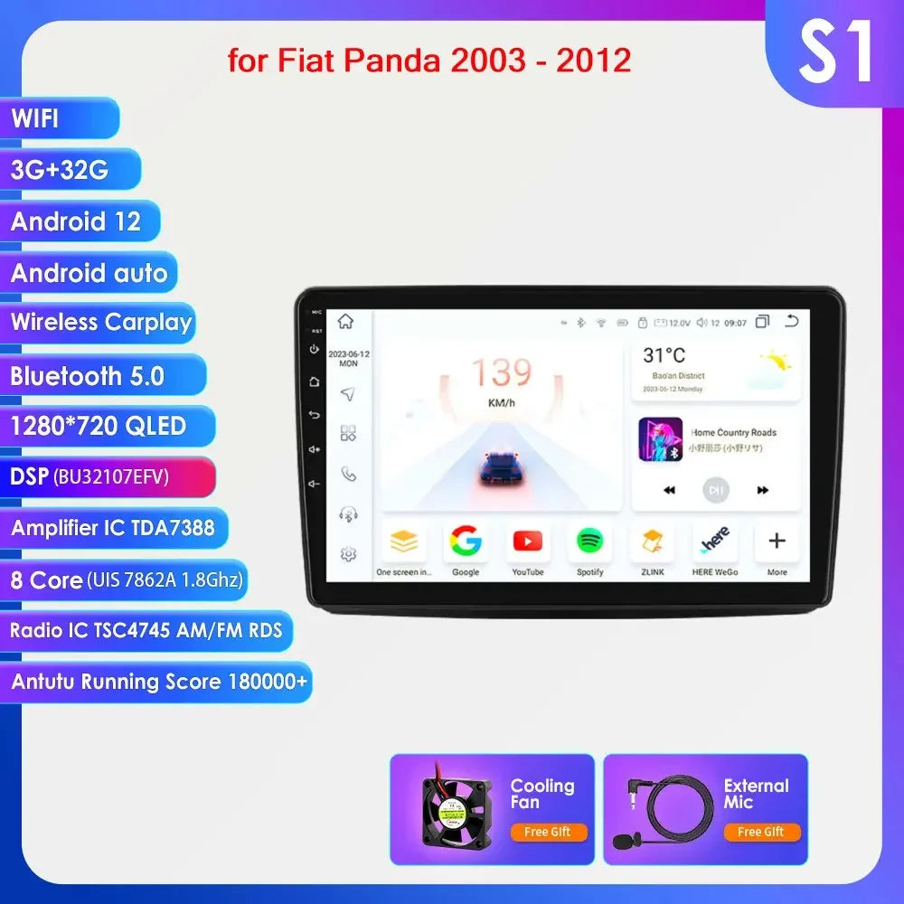 Fiat Panda 2003 - 2012 9" Android 14 Carplay Android auto wireless wifi bt gps 4g AUTMWUM9