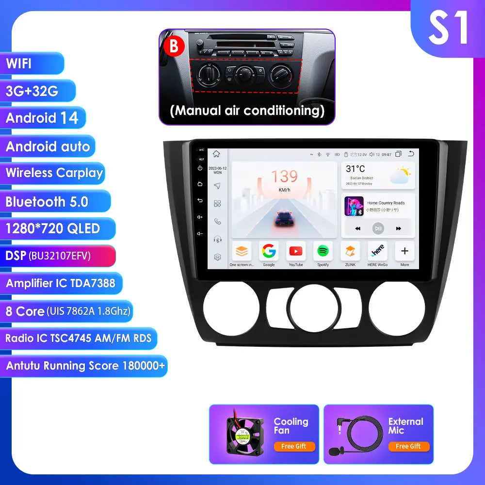 BMW 1 Series E81 E82 E87 E88 2004-2011 9" Android 14 Carplay Android auto wireless wifi bt gps 4g AUTM9KFA