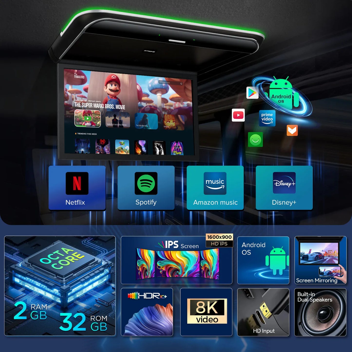 19.5" 8K Android Monitor da tetto schermo 8-core 2+32 IPS Angolo regolabile 170° con Screen Mirroring Lettore USB HD RCA CM195AS