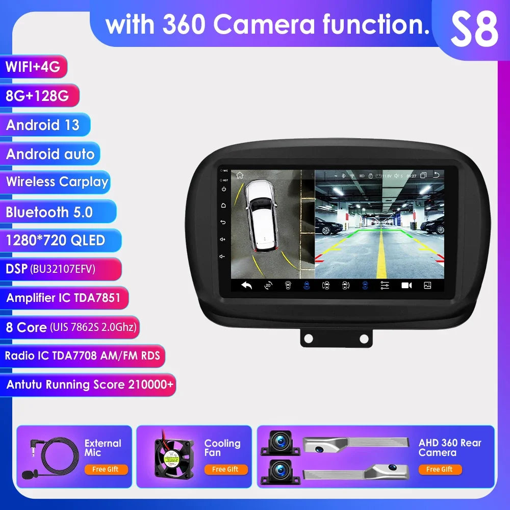 FIAT 500X 2014-2020 9" Android 14 Carplay Android auto wireless wifi bt gps 4g AUTMXDQZ