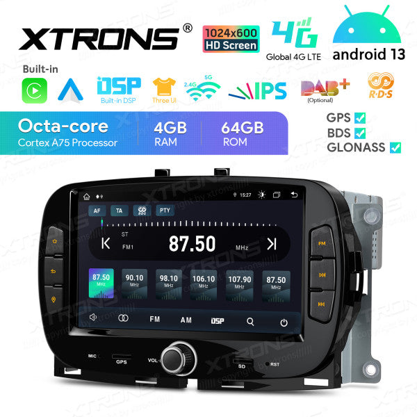 Fiat 500 2016 -2020 7" Android 13 Carplay Android auto wireless wifi bt gps 4g IA72500FLS