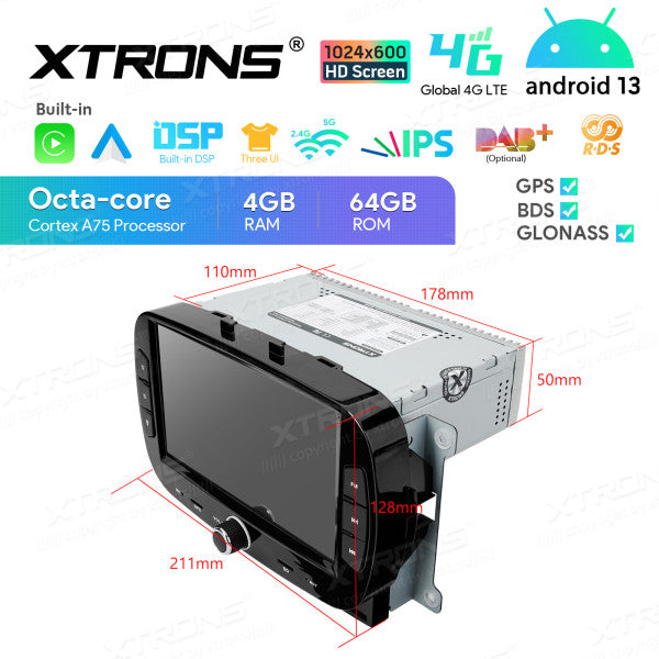 Fiat 500 2016 -2020 7" Android 13 Carplay Android auto wireless wifi bt gps 4g IA72500FLS