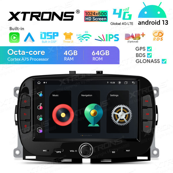 Fiat 500 2016 -2020 7" Android 13 Carplay Android auto wireless wifi bt gps 4g IA72500FLS
