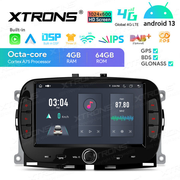Fiat 500 2016 -2020 7" Android 13 Carplay Android auto wireless wifi bt gps 4g IA72500FLS