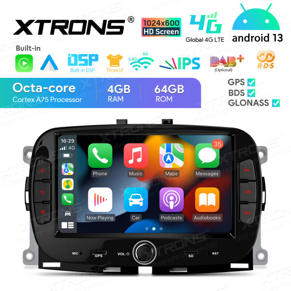 Fiat 500 2016 -2020 7" Android 13 Carplay Android auto wireless wifi bt gps 4g IA72500FLS
