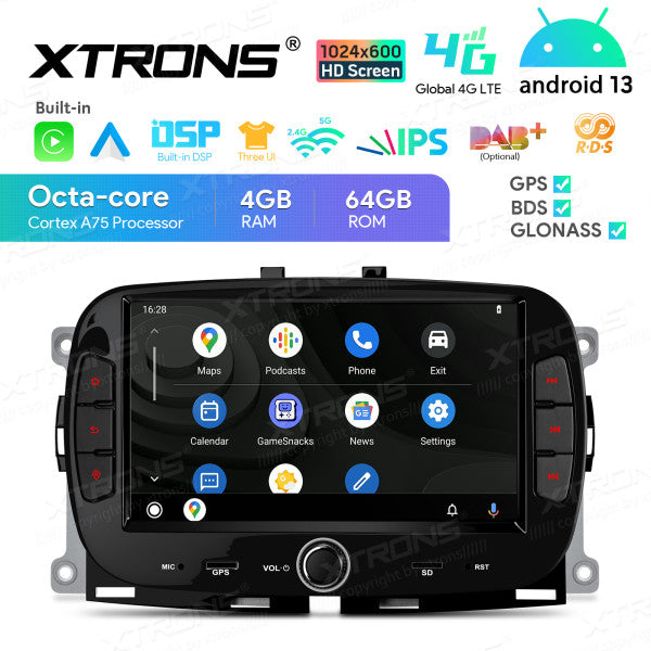 Fiat 500 2016 -2020 7" Android 13 Carplay Android auto wireless wifi bt gps 4g IA72500FLS