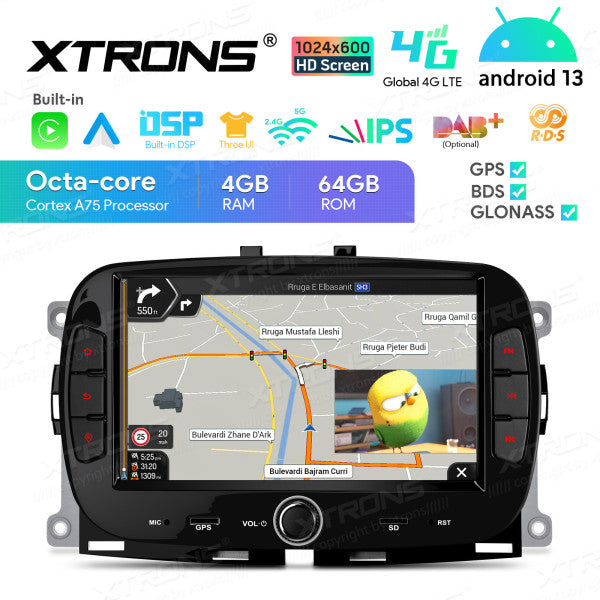 Fiat 500 2016 -2020 7" Android 13 Carplay Android auto wireless wifi bt gps 4g IA72500FLS