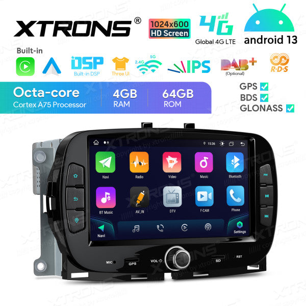 Fiat 500 2016 -2020 7" Android 13 Carplay Android auto wireless wifi bt gps 4g IA72500FLS