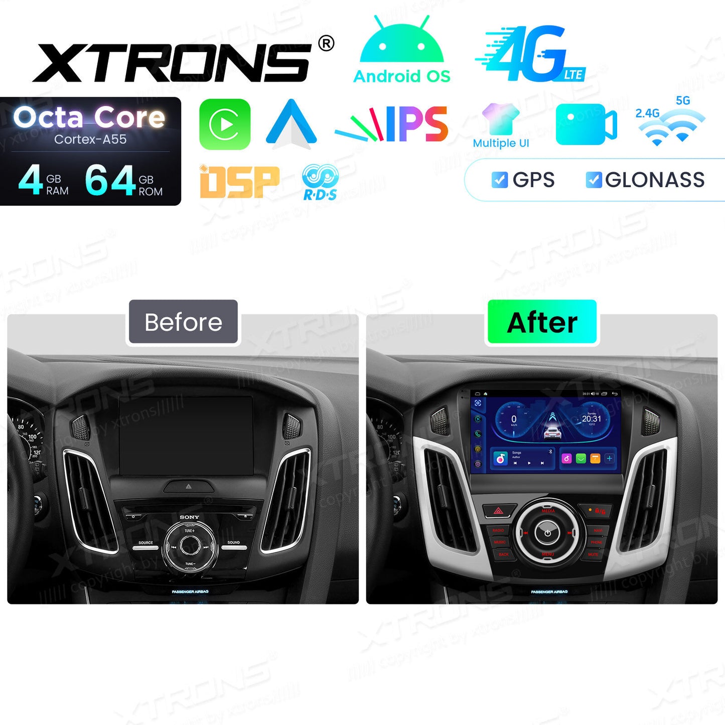 Ford Focus 3 Mk 3 2011 - 2019 9" Android 14 4/64 GB RAM OCTACORE Carplay Android auto wireless wifi bt gps 4g IDP90FSFB