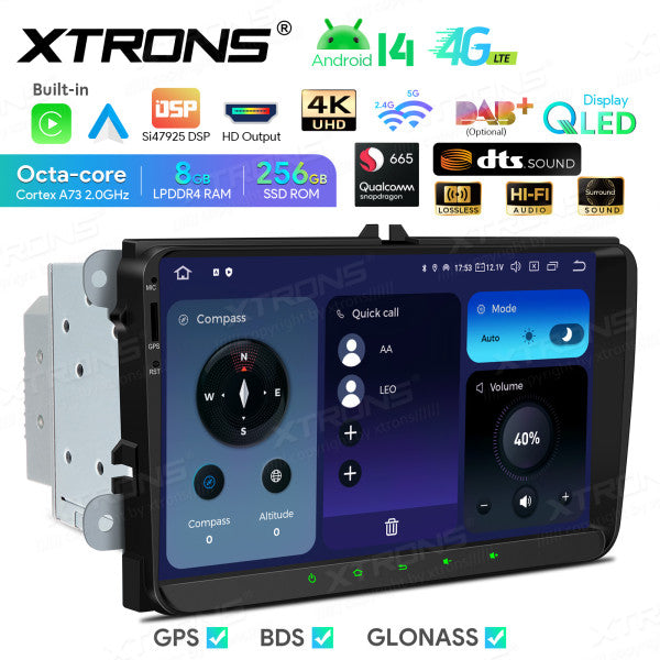 Volkswagen Skoda Seat 9" Android 14 Qualcomm 8+256GB Car Radio RDS WIFI GPS BT HD IPS Carplay Android auto 4G LTE IQ94MTVP