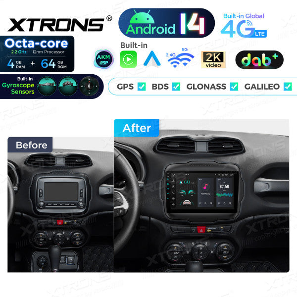 JEEP Renegade 2015-2021 9" Android 14 Octa Core 4/64 GB Car Player CarPlay Android Auto wireless DAB DSP WIFI 4G PXP94RGJGDAB