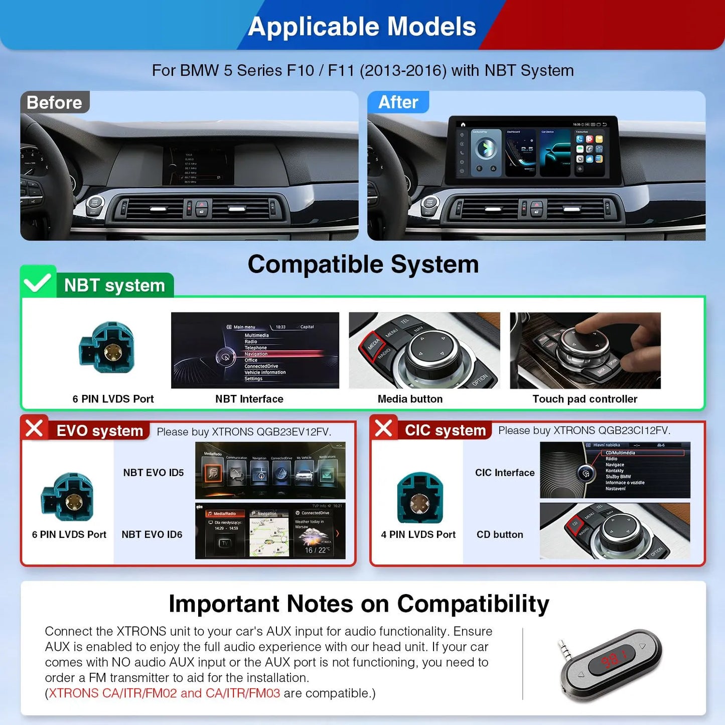 BMW 5 Series F10 / F11 NBT / 12,3" Carplay Android auto / Android e OEM / Qualcomm 680 / Octa Core / 8 GB di RAM e 128 GB di ROM / QGB23NB12FV