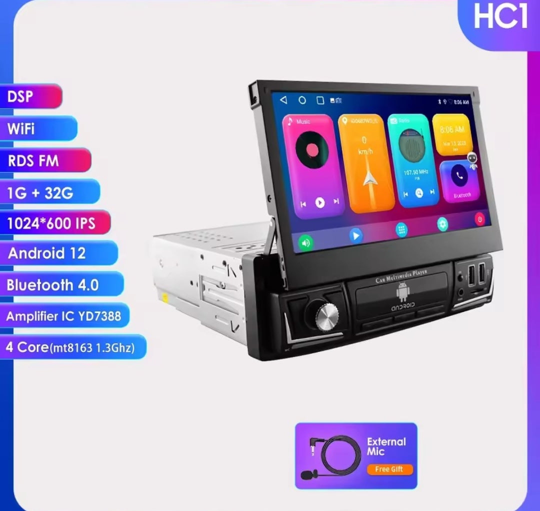 1 Din Universle 7" Android 12 Carplay Android auto Car Radio RDS Schermo touch a scomparsa Multimedia Video Player GPS Navi USB RDS AUTMDFGRE2