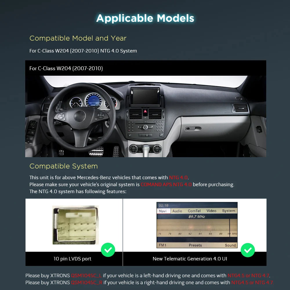 Mercedes-Benz W204 2007-2010 NTG 4.0 10.25" Android 12 Octa-Core 4+64 Car Multimedia  carplay android auto 4G QSM1240C