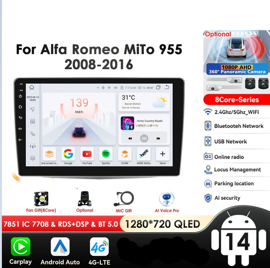 Alfa Romeo MiTo 955 2008-2016 9" Android 14 Carplay Android auto wireless wifi bt gps 4g AUTM5QGH