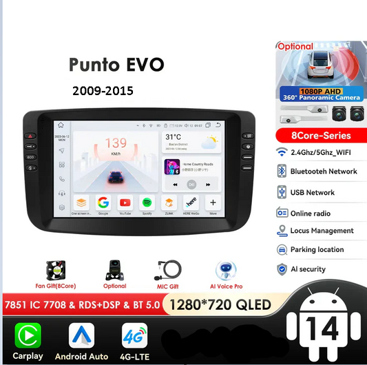 Fiat Punto EVO 2009-2015 9" Android 14 Carplay Android auto wireless wifi bt gps 4g  AUTM0FBN