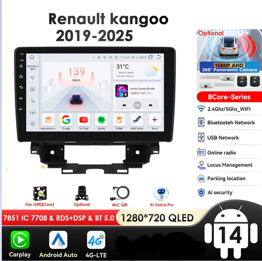 Renault Kangoo 2019-2025 9" Android 14 Carplay Android auto wireless wifi bt gps 4g  AUTM4NJ5
