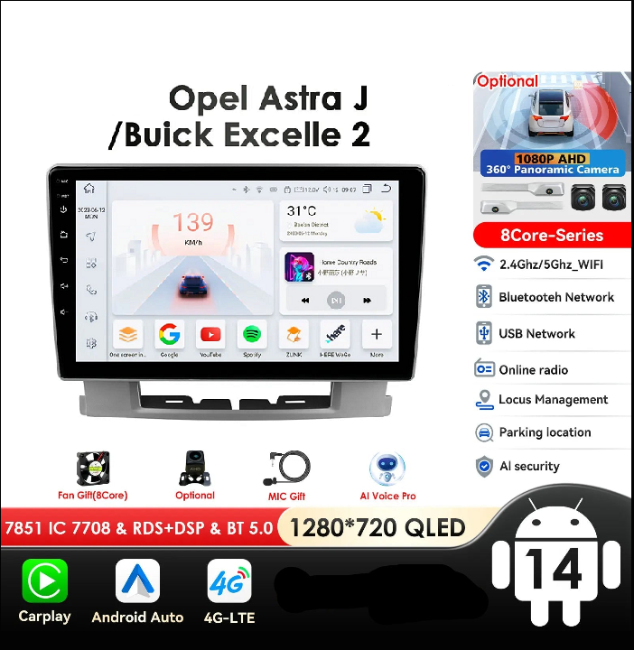 Opel Astra J 2009-2017  9" / 10,33" Android 14 Carplay  Android auto wirell WIFI BT 4G USB GPS AUTMOSTRJ