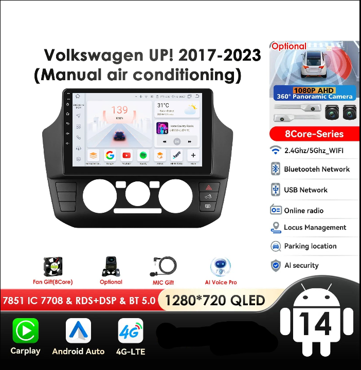 Volkswagen UP! 2017 -2023 9" Android 14 Carplay Android auto wireless wifi bt gps 4g  AUTMYZ23