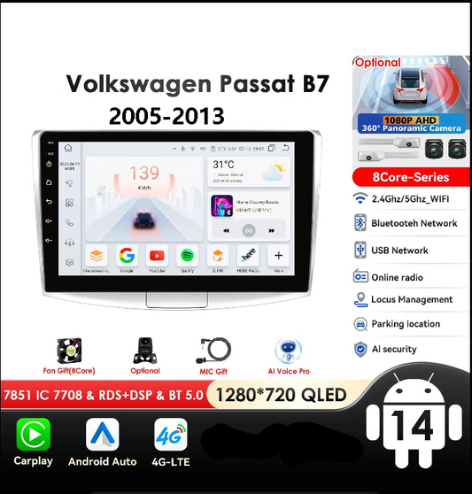 Volkswagen VW Passat B7 CC 2005-2013 10,1" Android 14 Carplay Android auto wireless wifi bt gps 4g  AUTMBNJ2