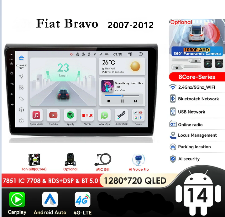 Fiat Bravo 2007 - 2012 9" Android 14 Carplay Android auto wireless wifi bt gps 4g AUTMF9LG