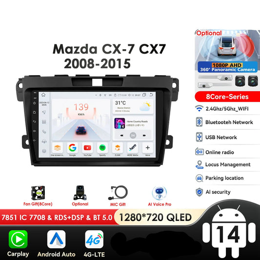 MAZDA  CX 7 2008-2015 9" Android 14 Carplay Android auto wireless wifi bt gps 4g AUTMCX7ZDM