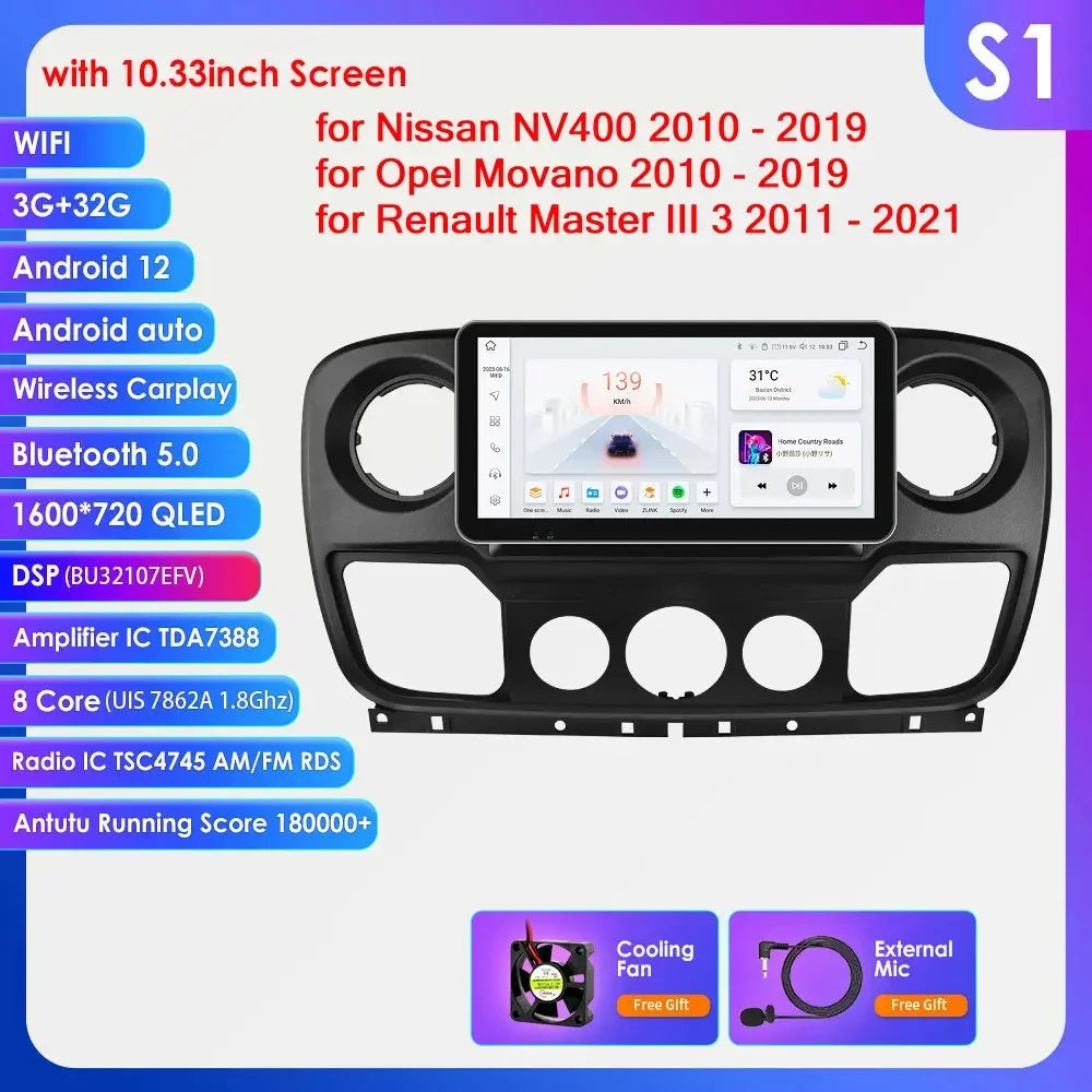 Nissan NV400 2010 -2019 10,1" / 10,33" Android 14 Carplay Android auto wireless wifi bt gps 4g AUTM1OGW
