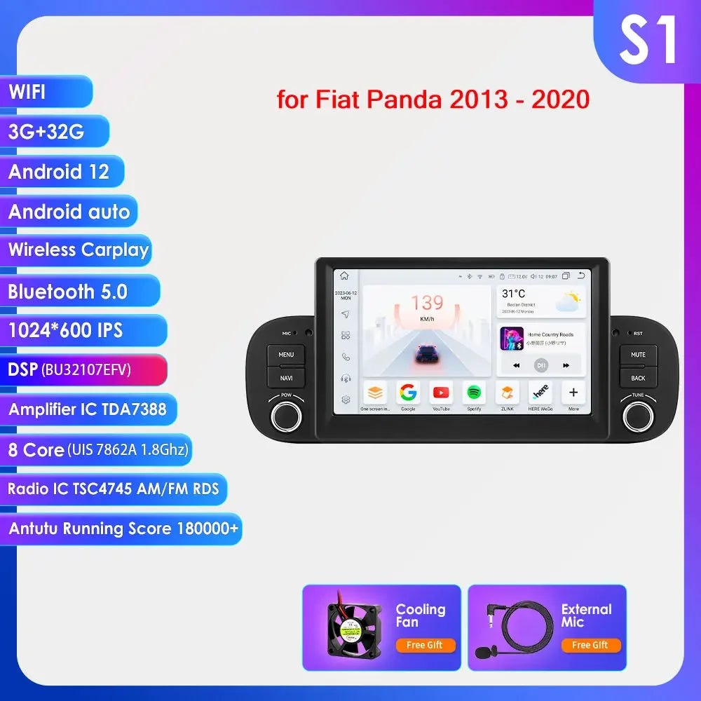 Fiat Panda 2013 - 2020 7" Android 14 Carplay Android auto wireless wifi bt gps 4g AUTMZWUS