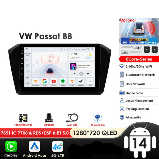 VW Passat B8 2014 -2023 10,1" Android 14 Carplay Android auto wireless wifi bt gps 4g AUTMP6CD