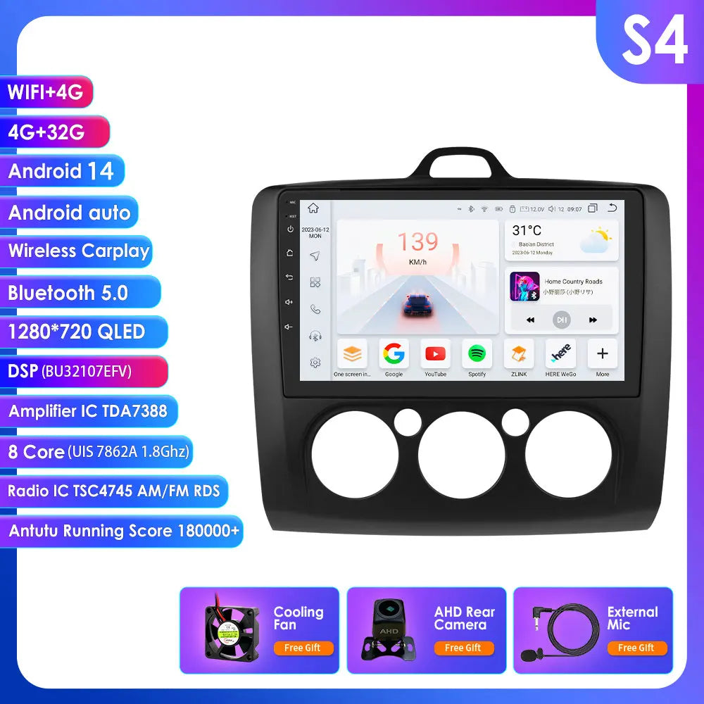 Ford Focus 2 3 Mk2 Mk3 2004-2011 9" Android 14 Carplay Android auto wireless wifi bt gps 4g  AUTMG5XX