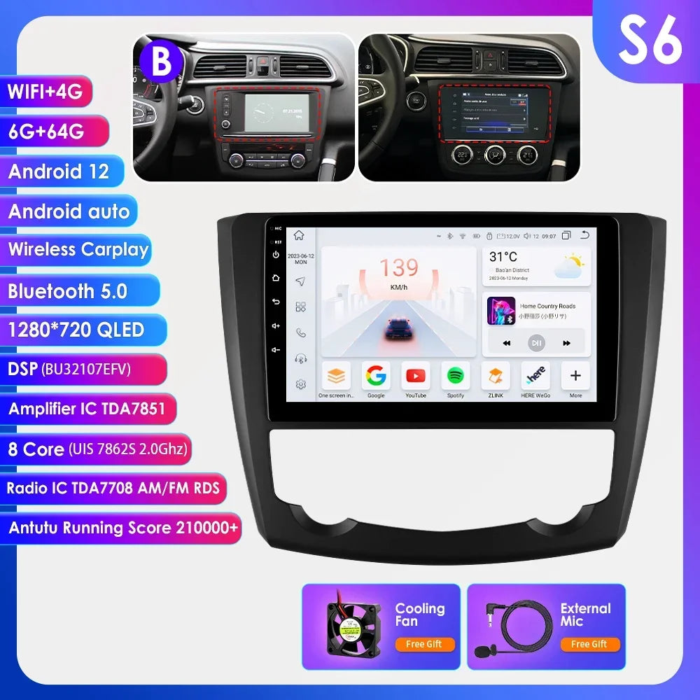 Renault Kadjar 2015-2019  9" Android 14 Carplay Android auto wireless wifi bt gps 4g AUTM83VU