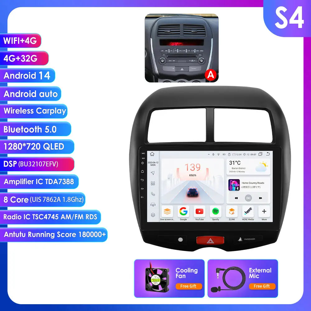 Mitsubishi ASX 1 2010 - 2018 9"Android 14 Carplay Android auto wireless wifi bt gps 4g RDS AUTMMTBSX