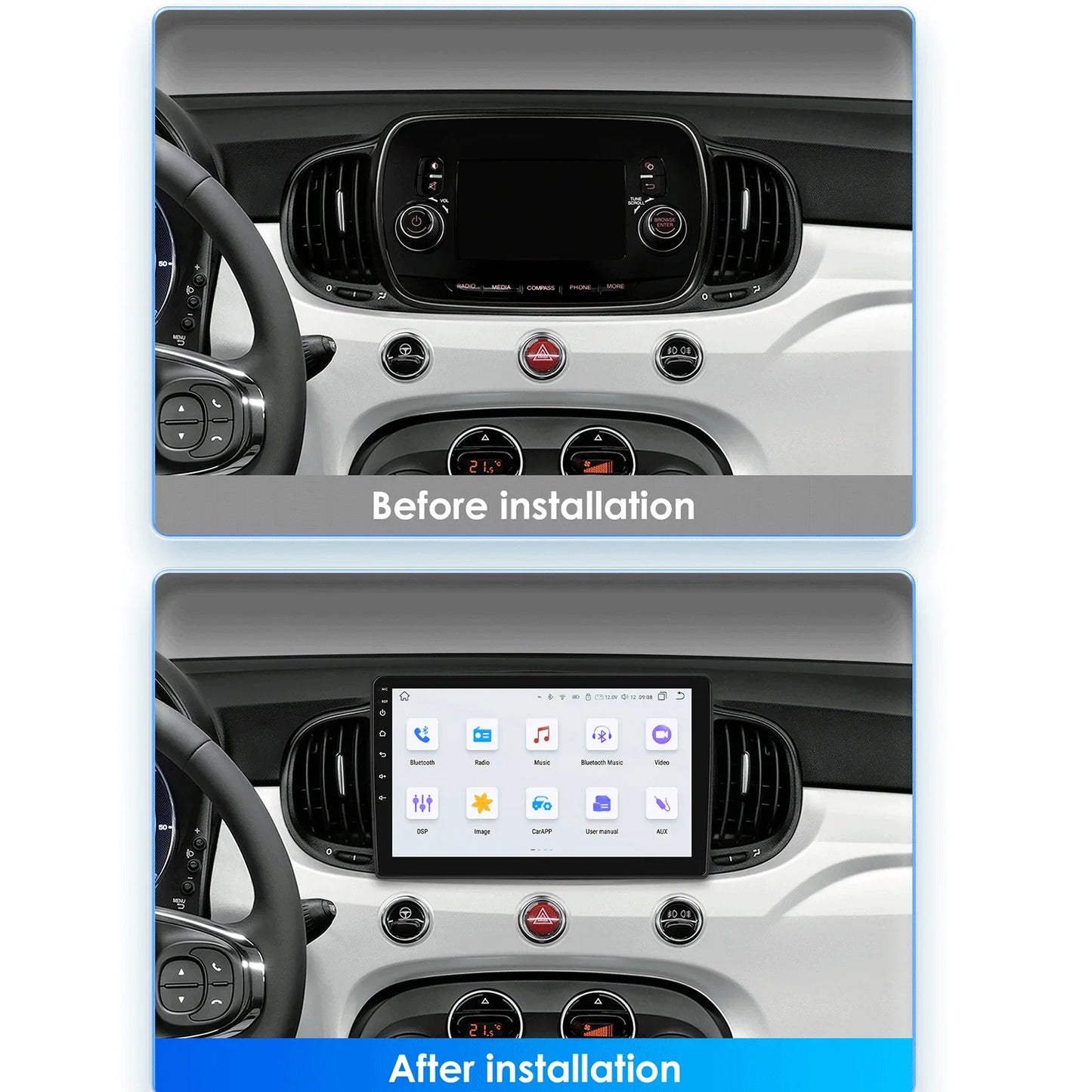 Fiat 500 2016 -2019  9"/10,33" Android 14 Carplay Android auto wireless wifi bt gps 4g AUTM7LJI