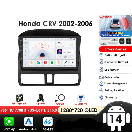 Honda CR-V   2001 - 2006 Android 14 9" Carplay Android auto wireless wifi bt gps 4g RDS AUTMDCRV1