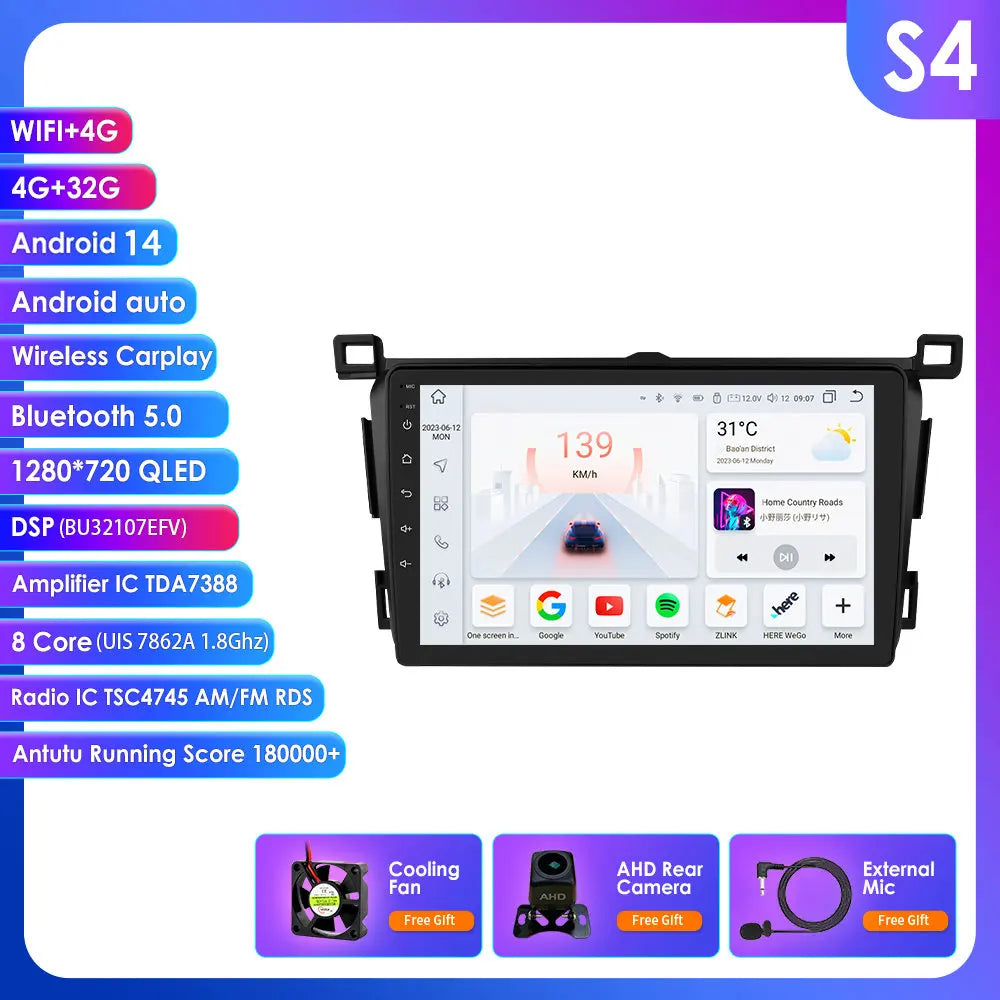 Toyota RAV4 Rav 4 2013-2018 9" Android 14 Carplay Android auto wireless wifi bt gps 4g  AUTM4VARTY
