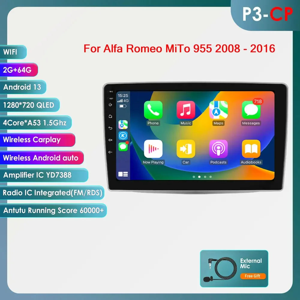 Alfa Romeo MiTo 955 2008-2016 9" Android 14 Carplay Android auto wireless wifi bt gps 4g AUTM5QGH