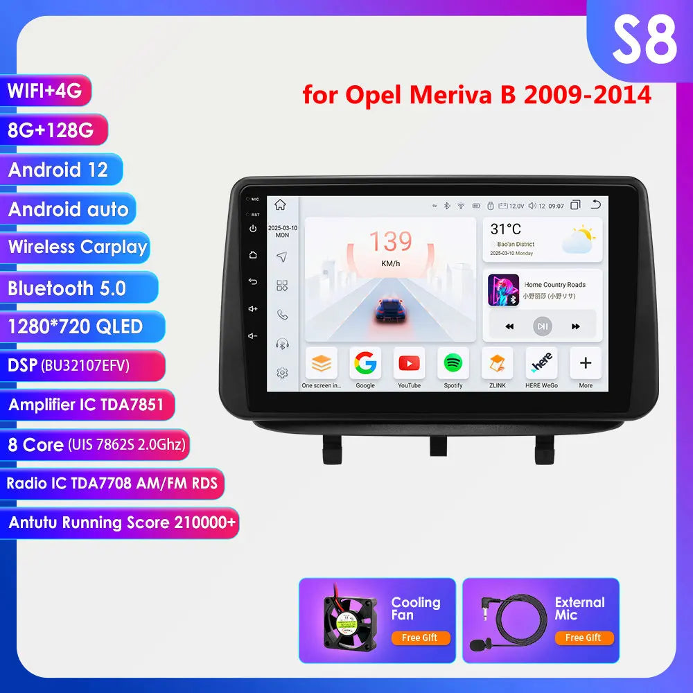 Opel Meriva B 2009-2014 9" Android 14 Carplay Android auto wireless wifi bt gps 4g  AUTMJY5X