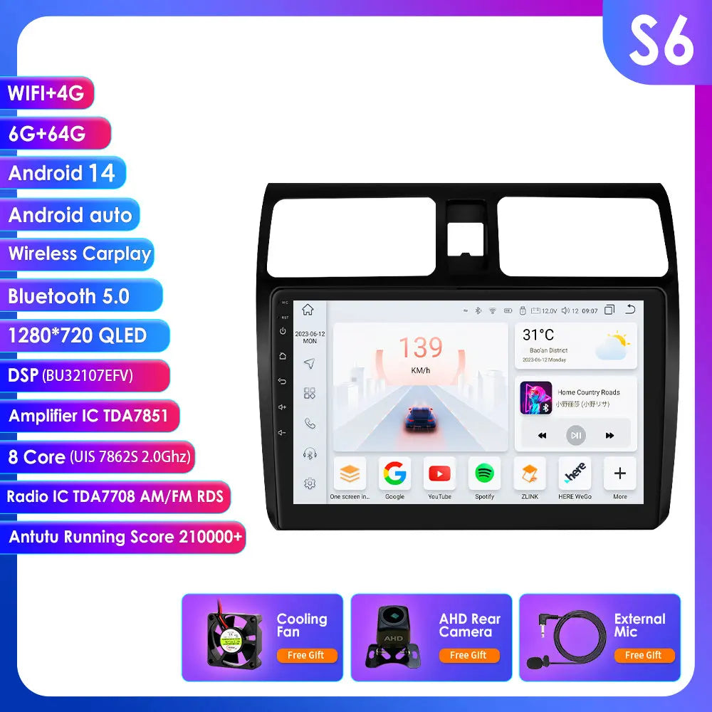 Suzuki Swift 2005-2010 9" Android 14 Carplay Android auto wireless wifi bt gps 4g AUTMTSDHF