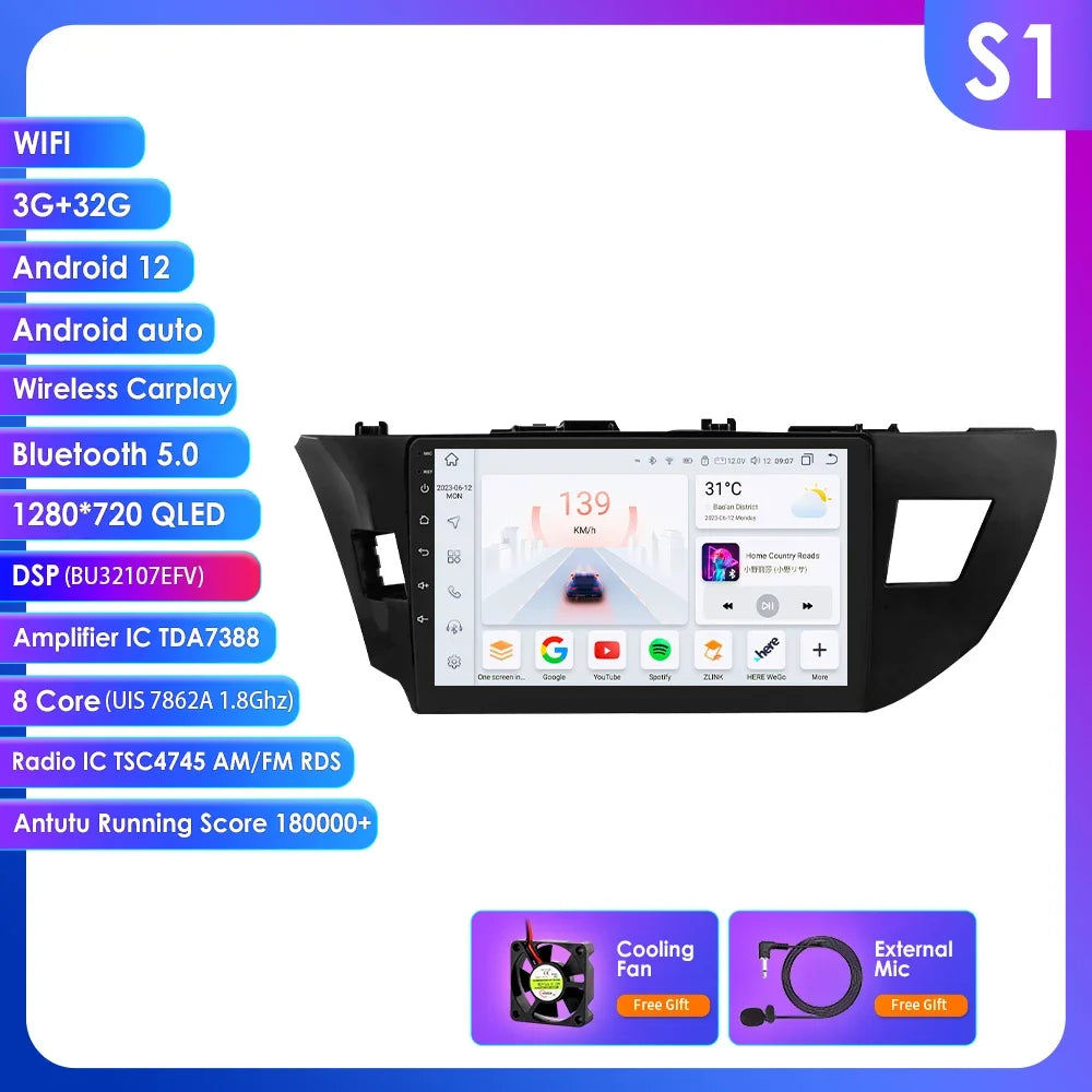 Toyota Corolla 2014-2016 9" Android 14 Carplay Android auto wireless wifi bt gps 4g AUTMCOPZT